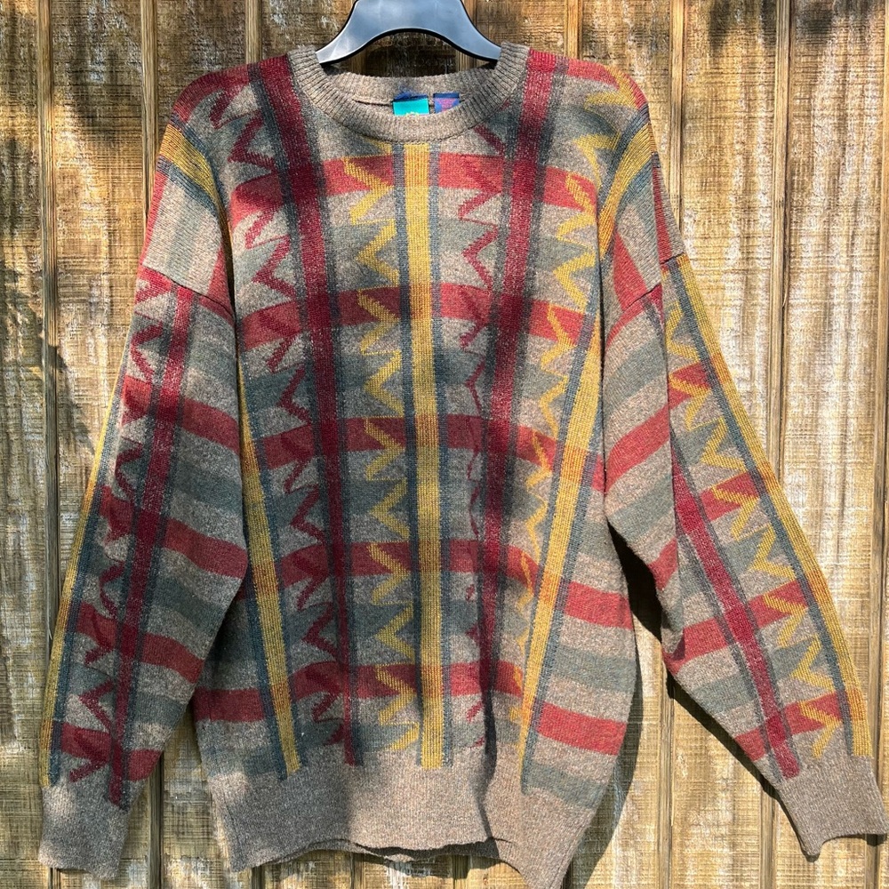 Vintage Wool Woodward Sweater Geometric Stripe Pattern Size X-Large
